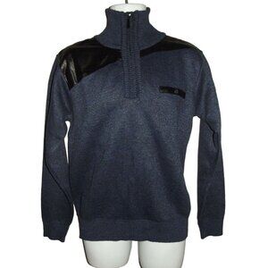 TRUE ROCK Sweater Mens Small Half-Zip Blue Marl & Black Faux Crackle Leather